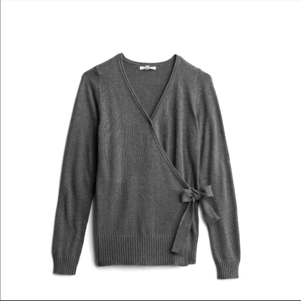 Skies are blue grey mock wrap sweater